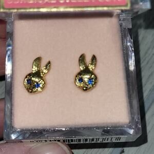 Vtg Australian Crystal Bunny Earrings Blue Stone Eyes Surgical Steel Posts